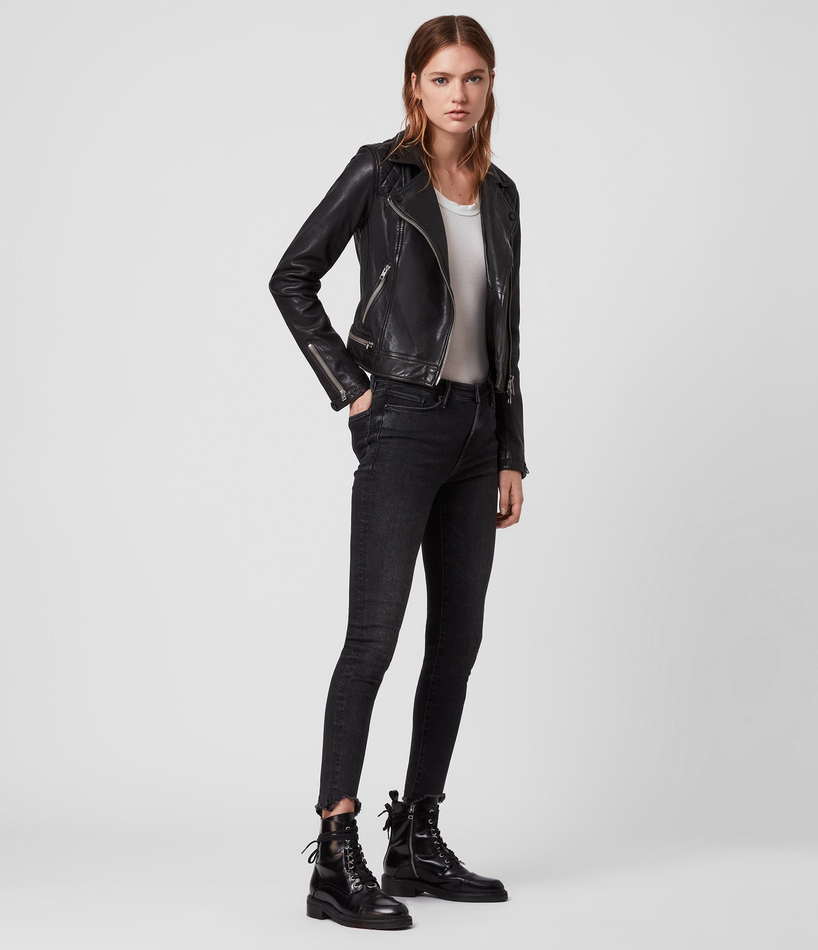 Women's Conroy Leather Jacket - Outfit Front View