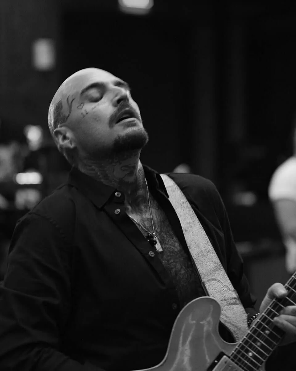 Close up black and white photo of lead singer