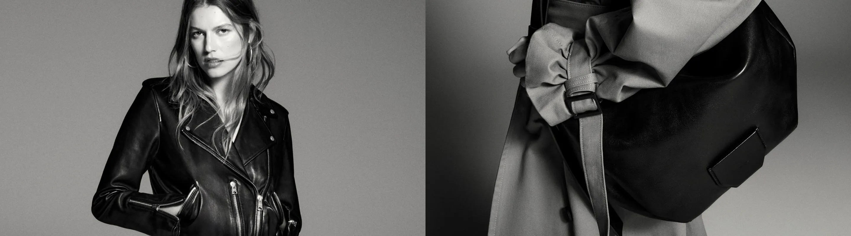 Photograph showing a black and white photograph wearing a leather jacket next to a closeup shot of a black leather handbag.