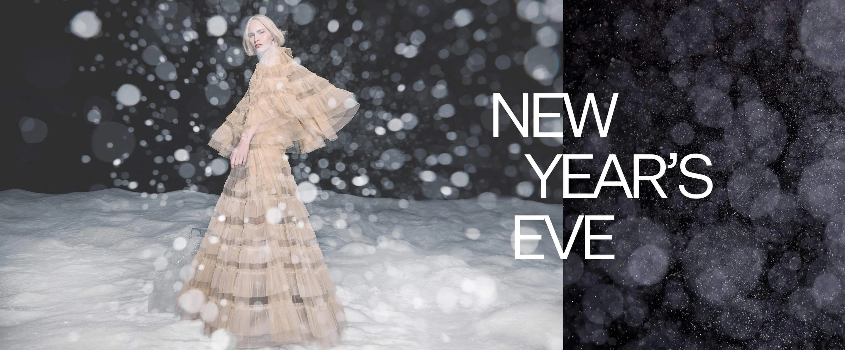 Girl wearing dress in snow with new years eve text