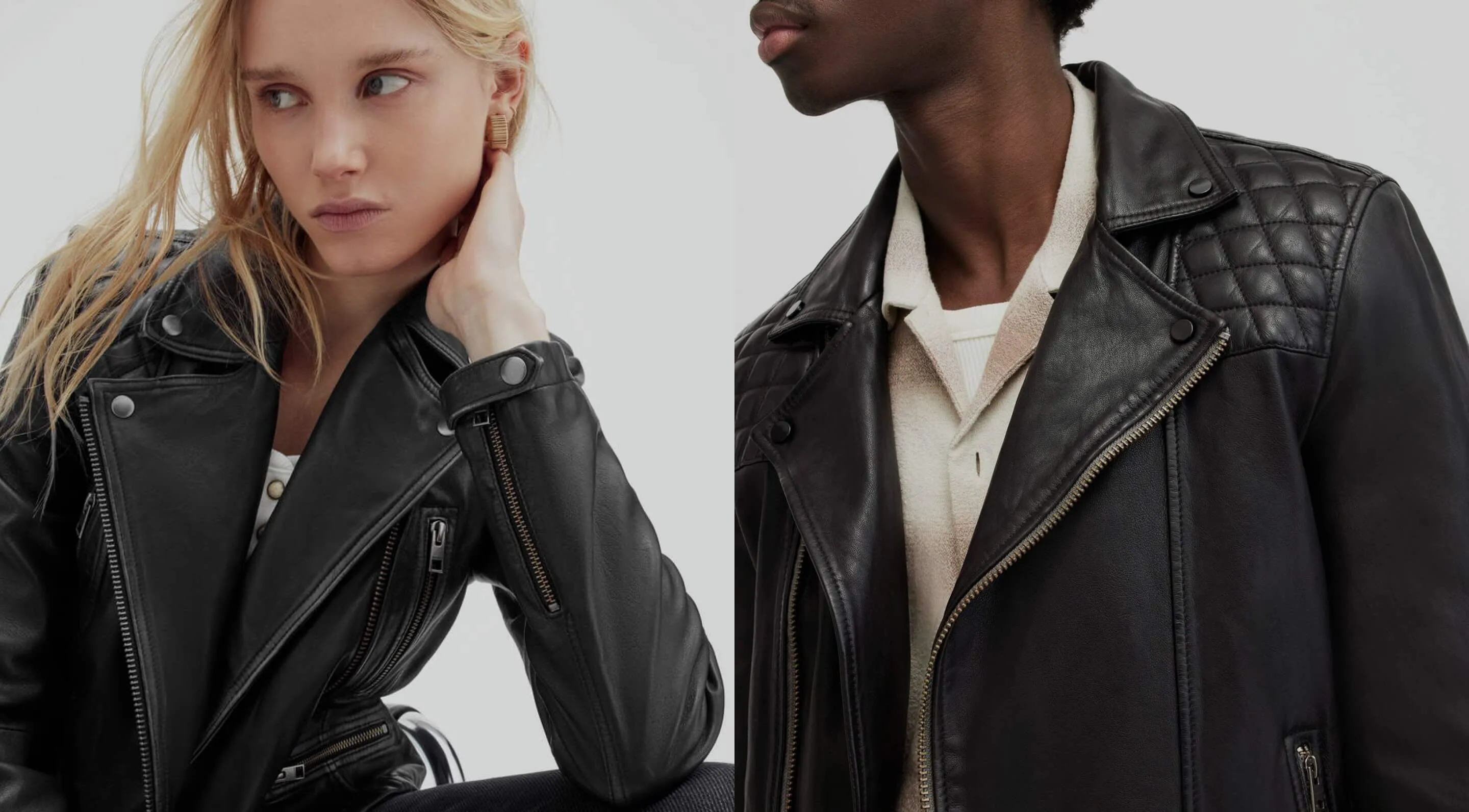 Collage showing two photographs of a female and male model wearing black leather jackets.