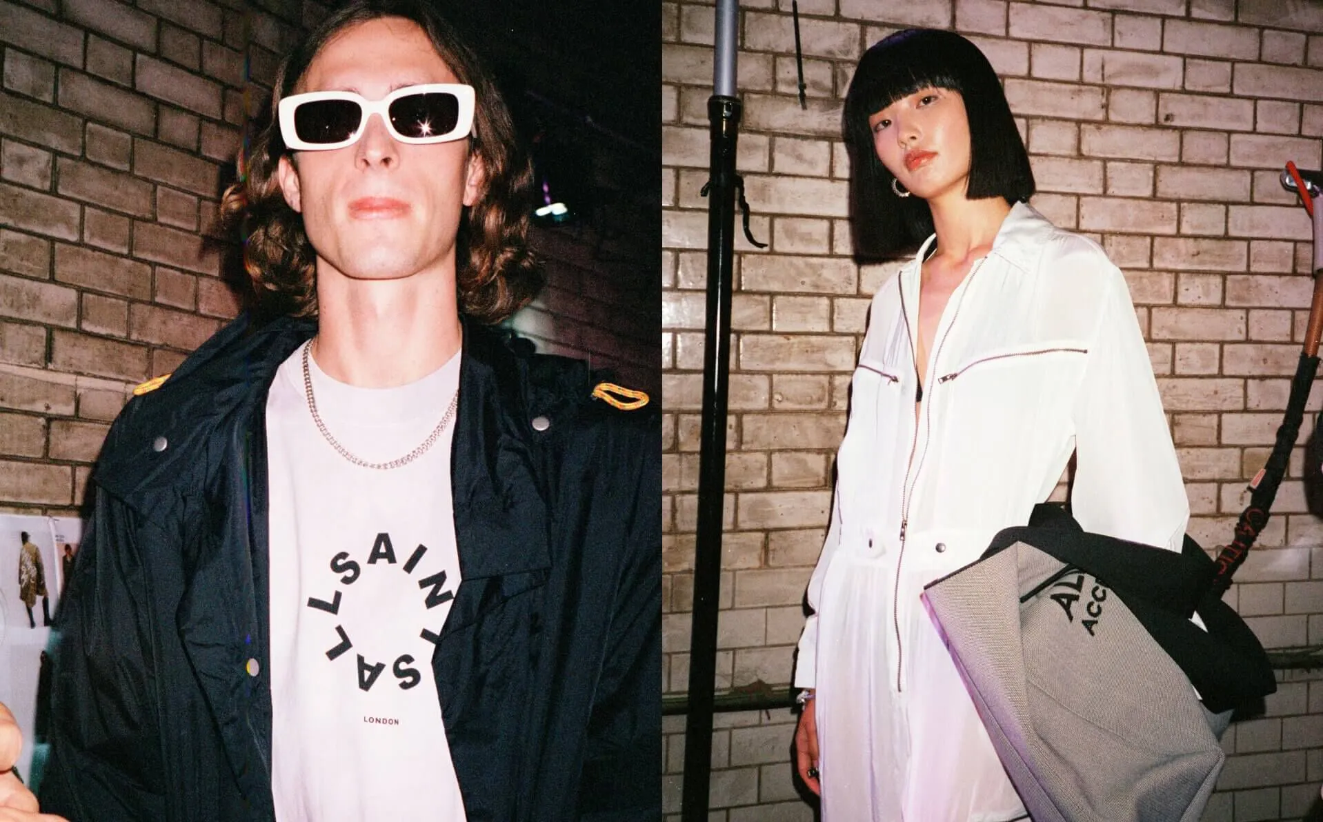 Man and woman posing backstage at the AllSaints fashion show wearing AllSaints clothing.