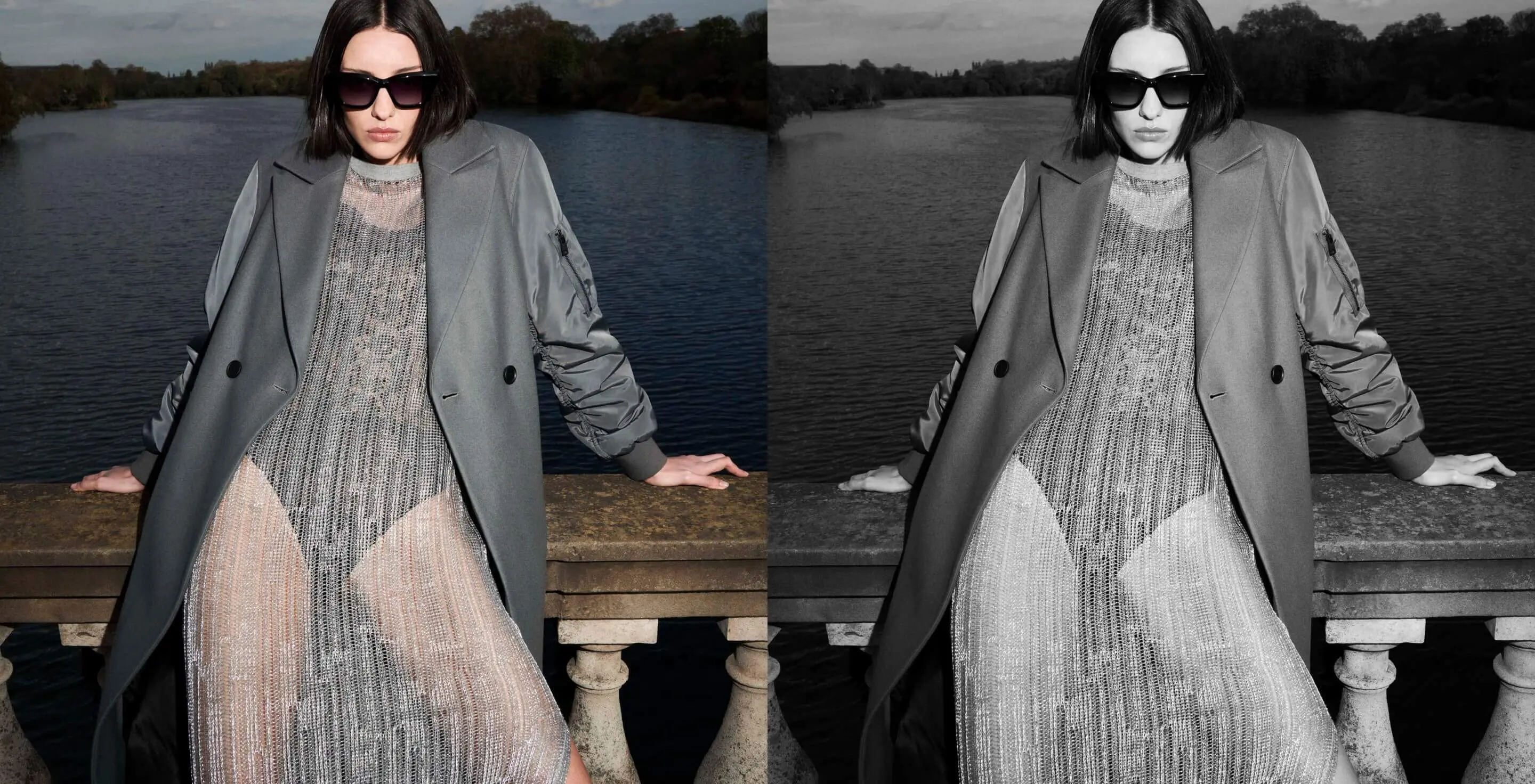 Collage of two photographs showing a female model wearing black sunglasses and a see-through metallic silver dress. The left picture is in colour, the right one is black and white.