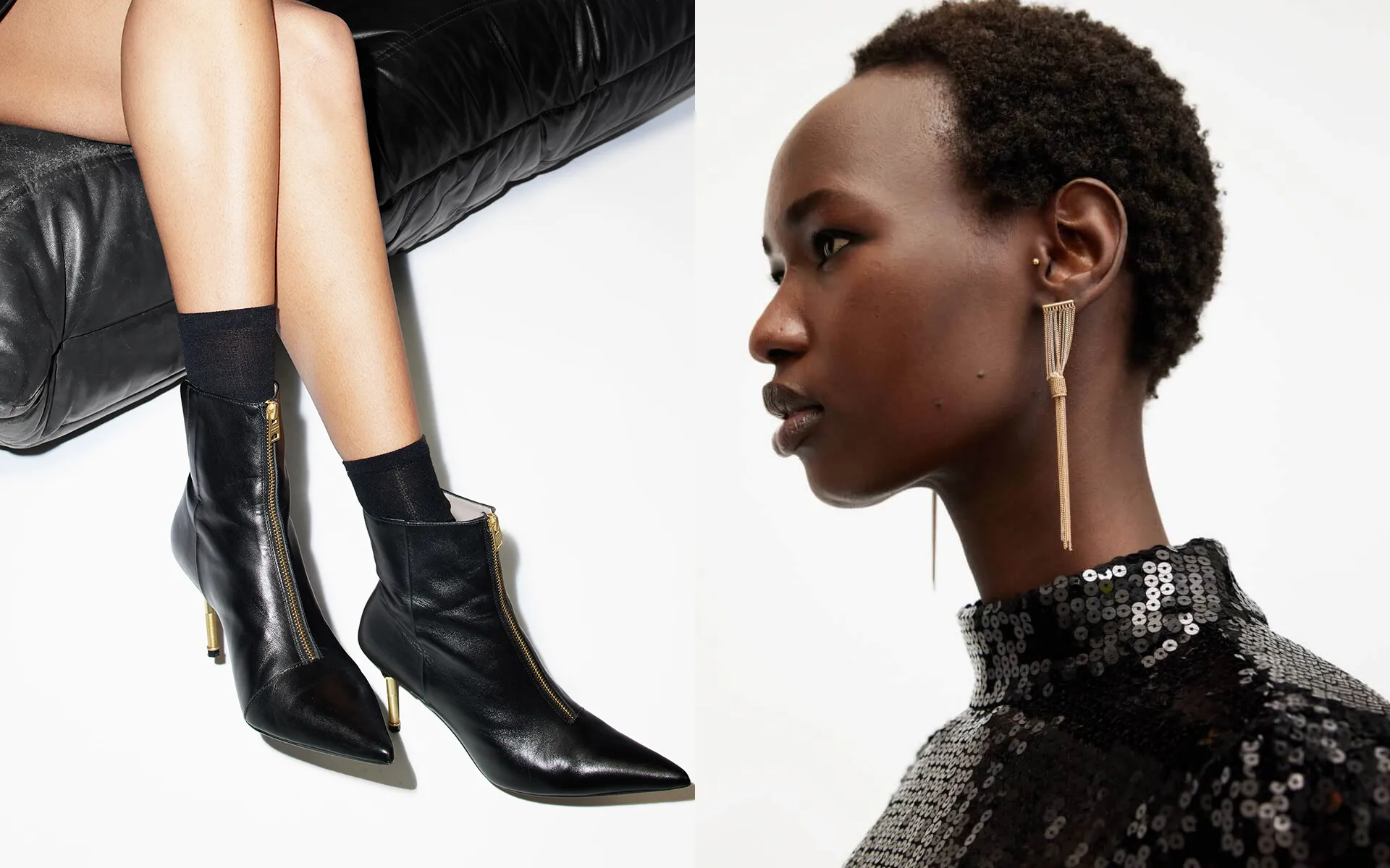 Collage showing a yellow metallic handbag on the left, and a closeup of a model wearing long golden earrings with a black sequin dress on the right.