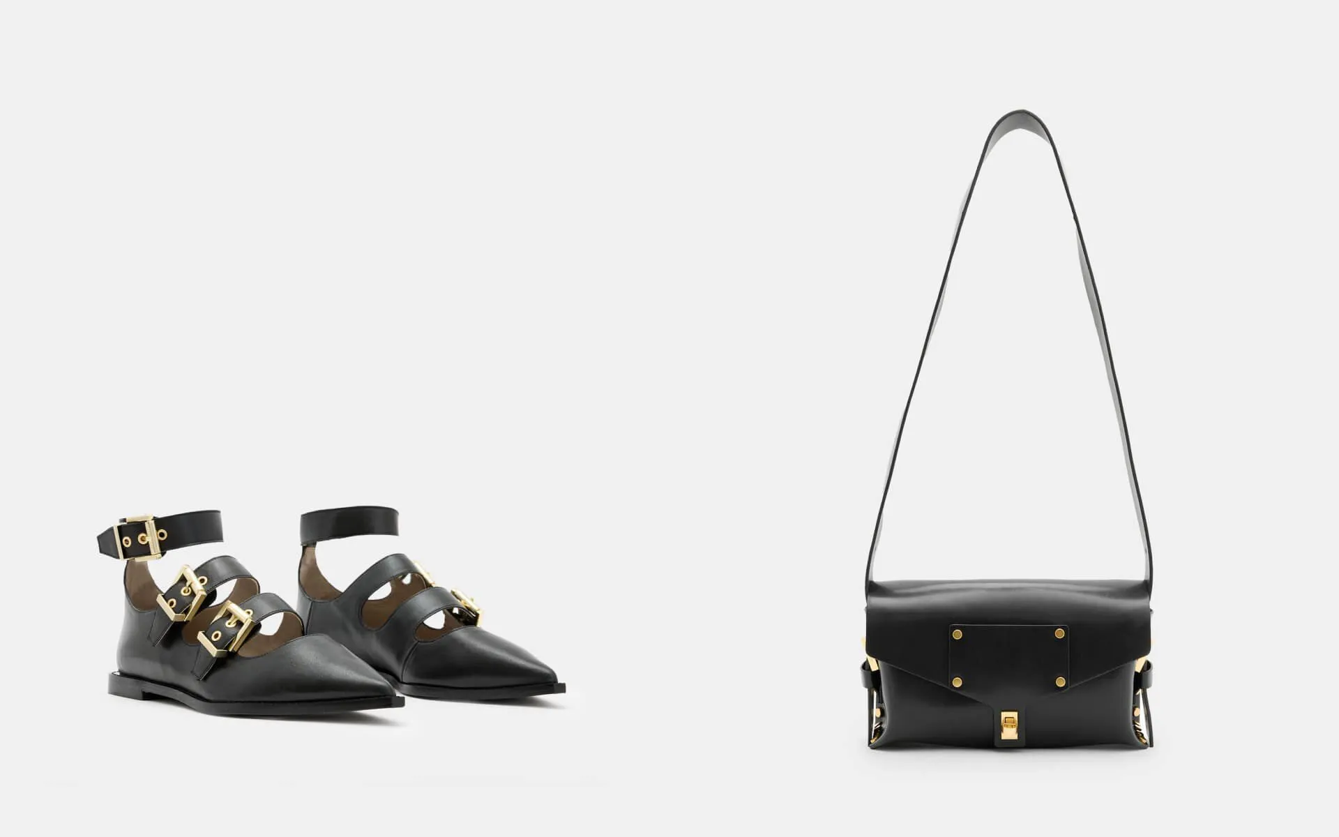 Collage showing a pair of pointed black leather shoes on the left side, and a black leather handbag on the right side.