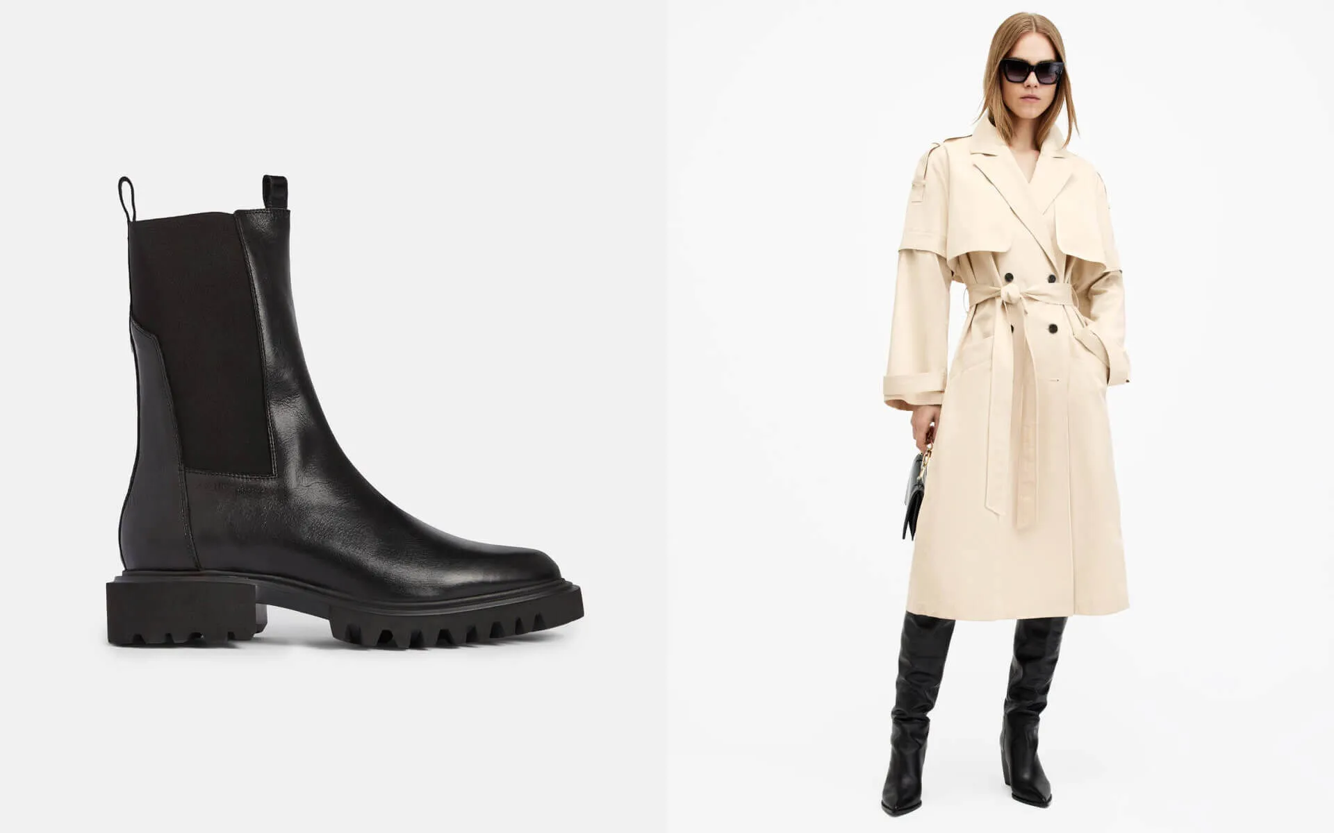 Collage showing black leather ankle boots on the left, and a model wearing a cream coat, black sunglasses and black leather boots on the right.