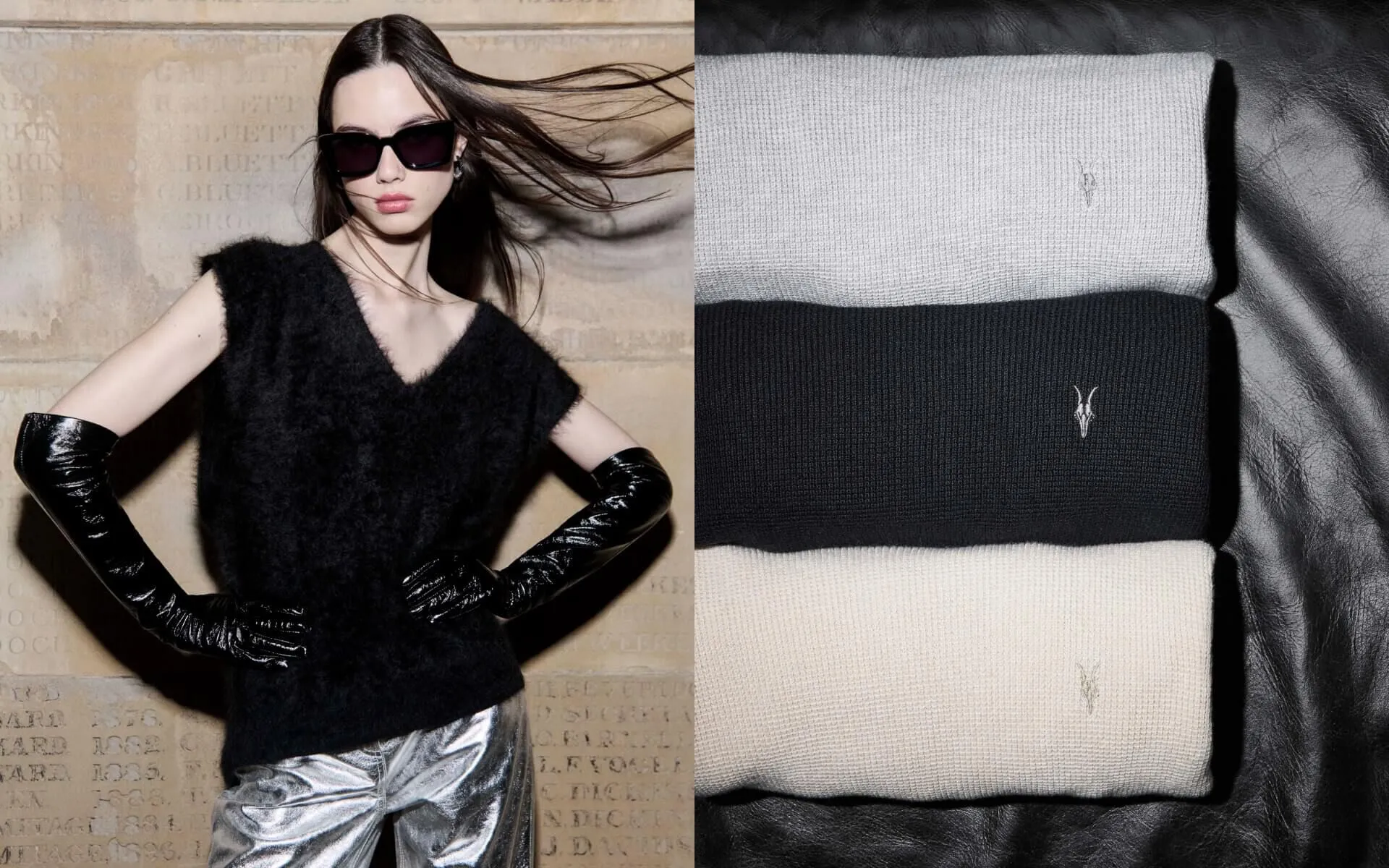 Collage showing a female model wearing a knitted vest, black leather gloves and black sunglasses, next to a pile of menswear Ramskull knitwear