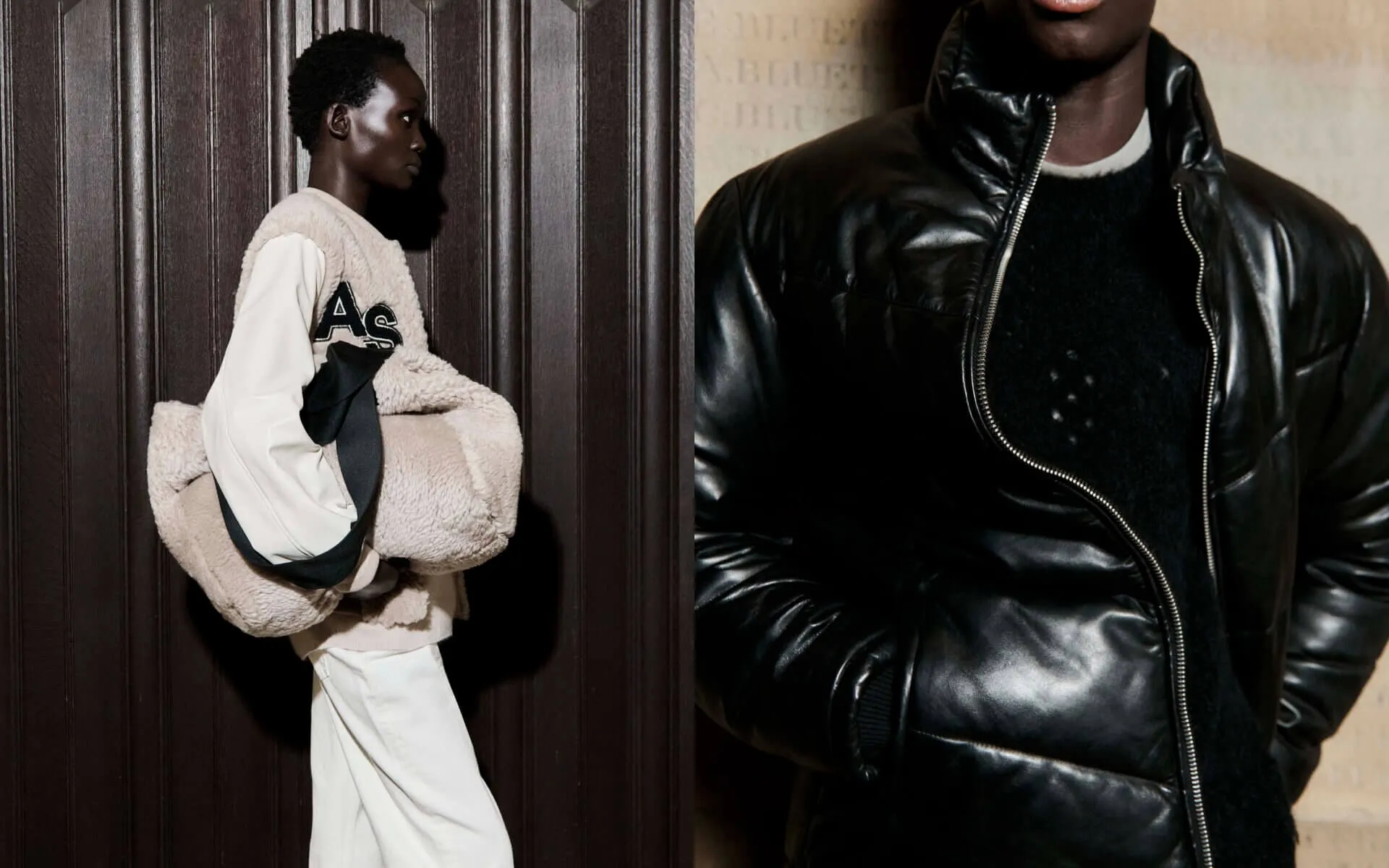 Collage of two photographs showing a female model wearing a shearling bomber and holding a shearling bag, next to a male model wearing a black leather jacket