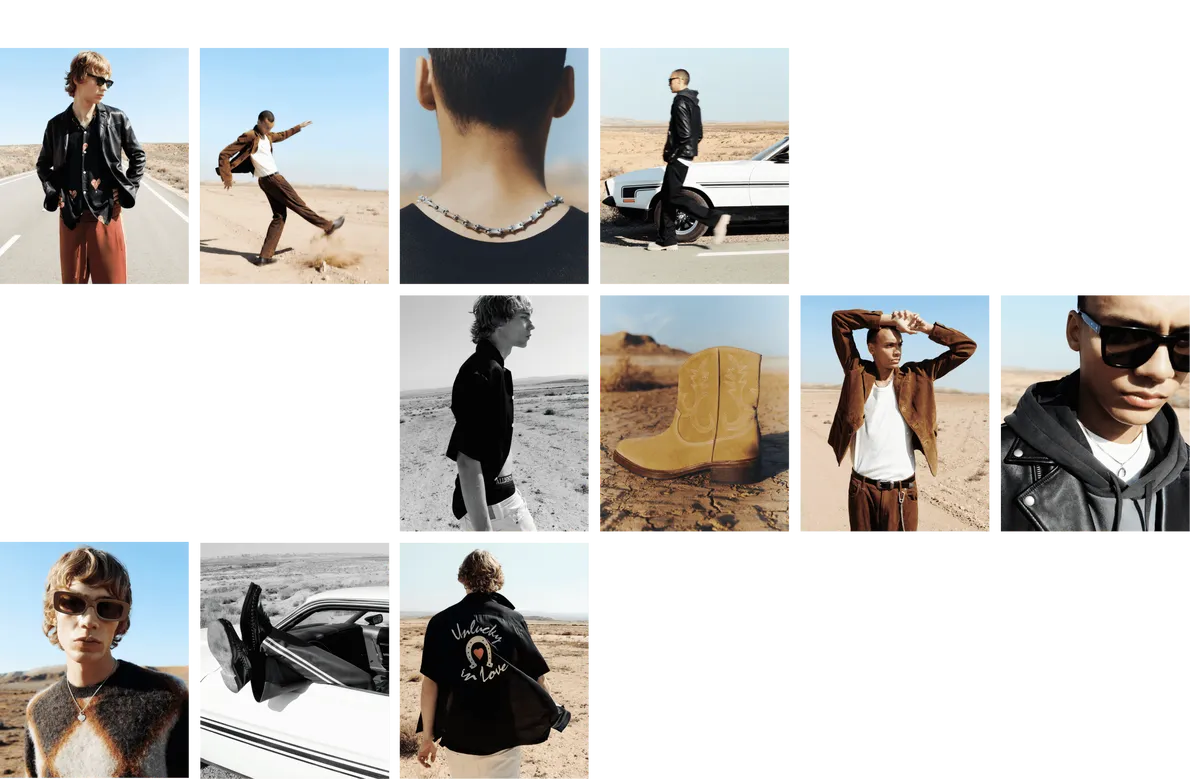 Collage of photographs showing male models posing in items from our spring collection in the desert.
