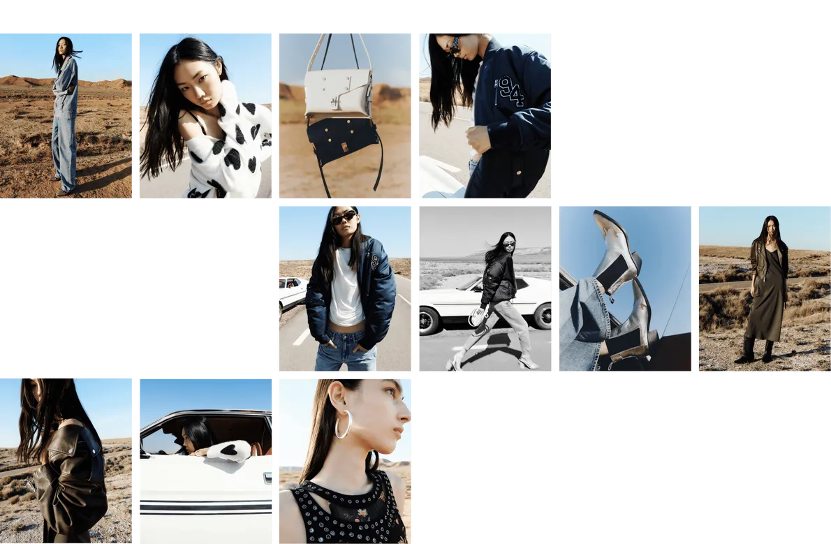 Colage of photographs showing female models posing in items from our spring collection in the desert.