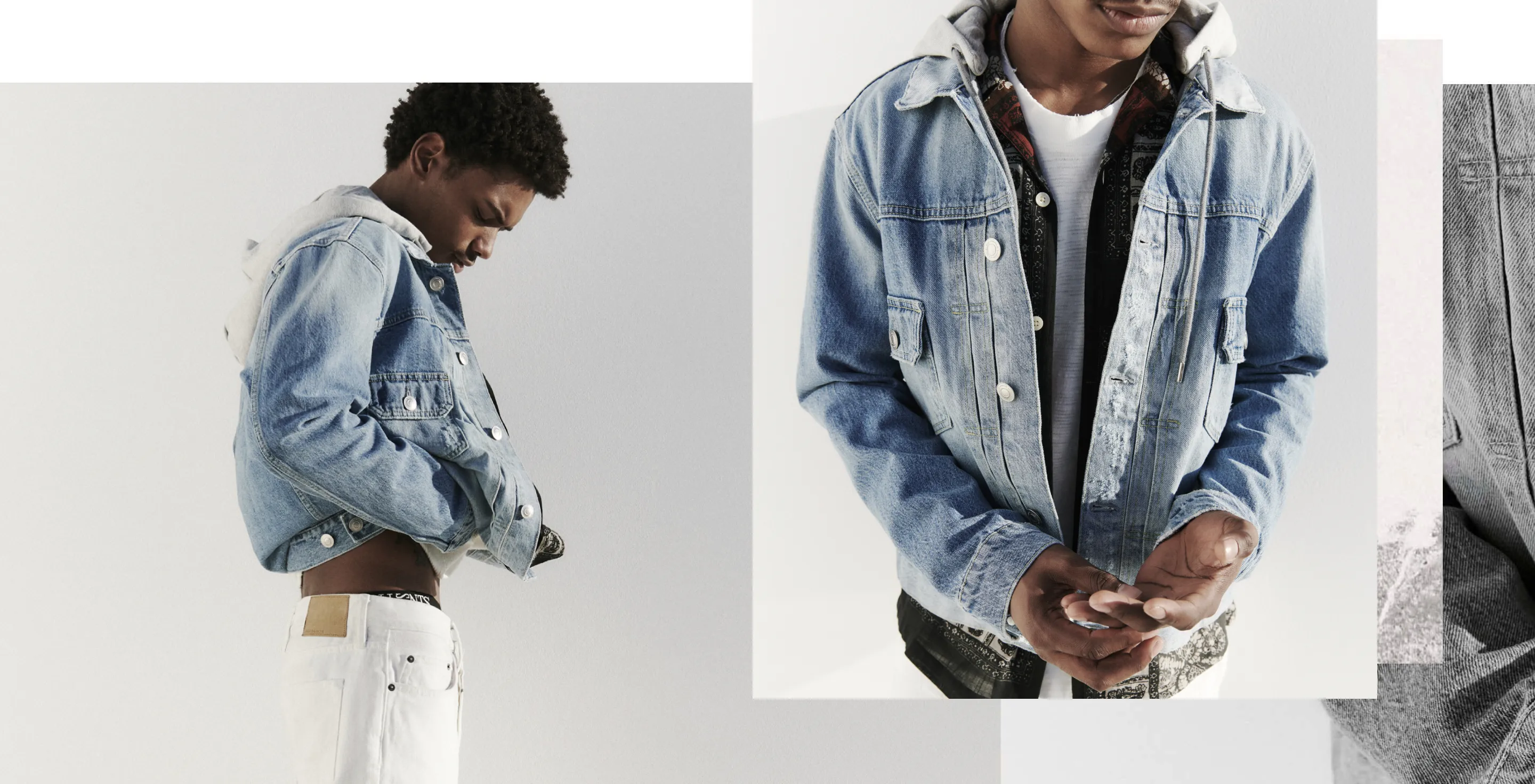 A collage of three photographs showing a model wearing a hooded light blue denim jacket over an open printed shirt and white jeans standing in front of a beige wall