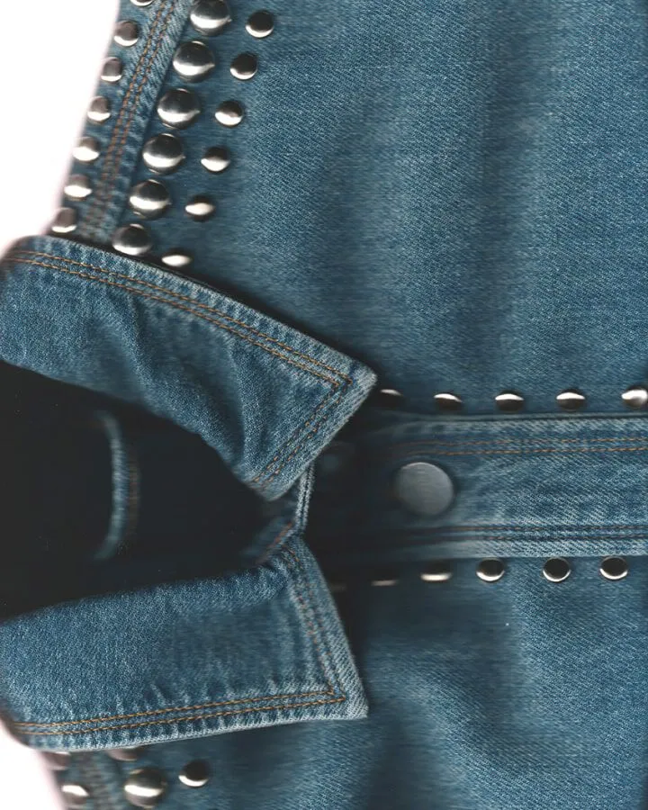 Closeup of a denim jacket.