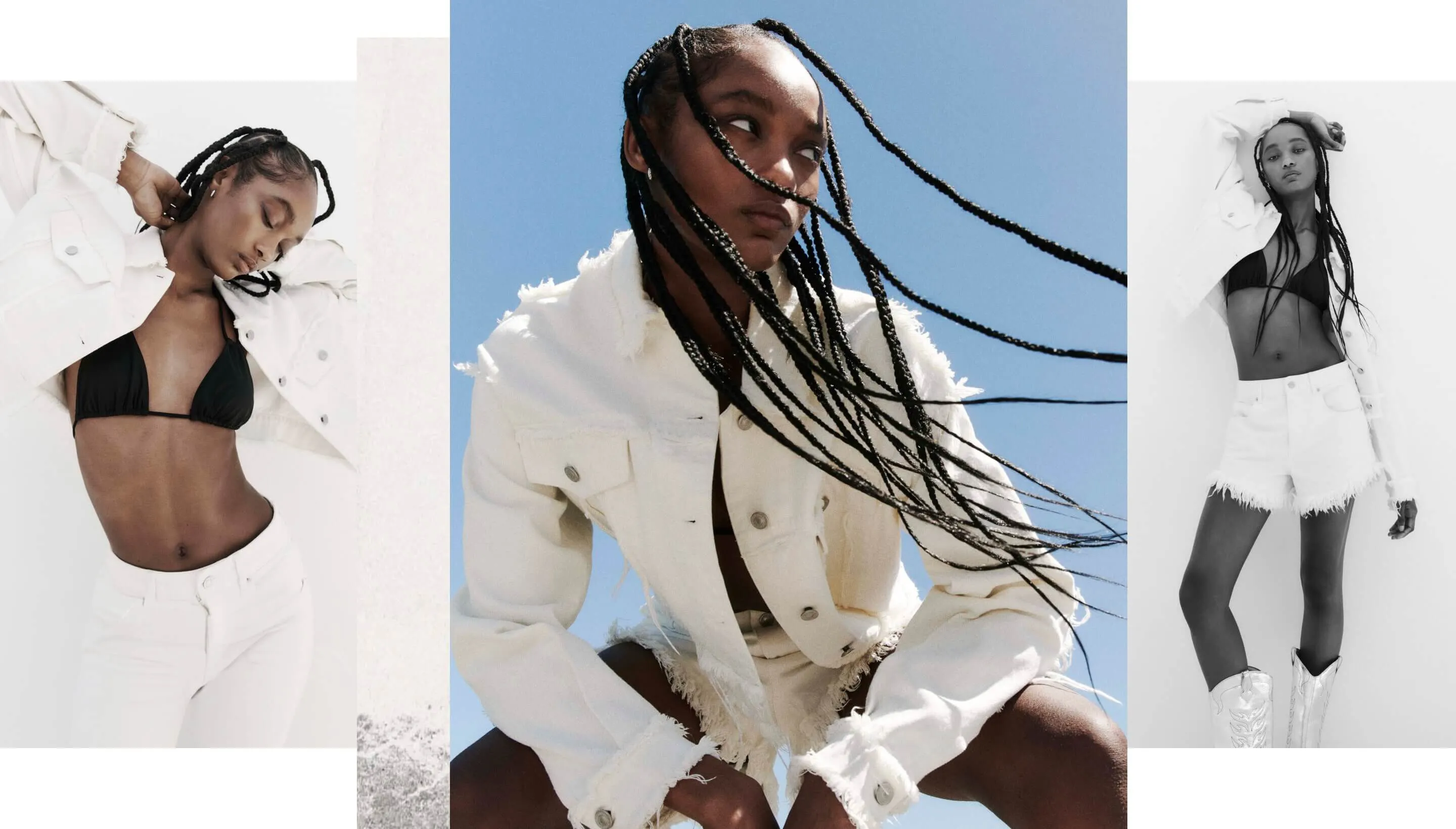 Collage of three photographs showing a woman wearing a white frayed denim jacket with frayed white shorts and a black bikini top