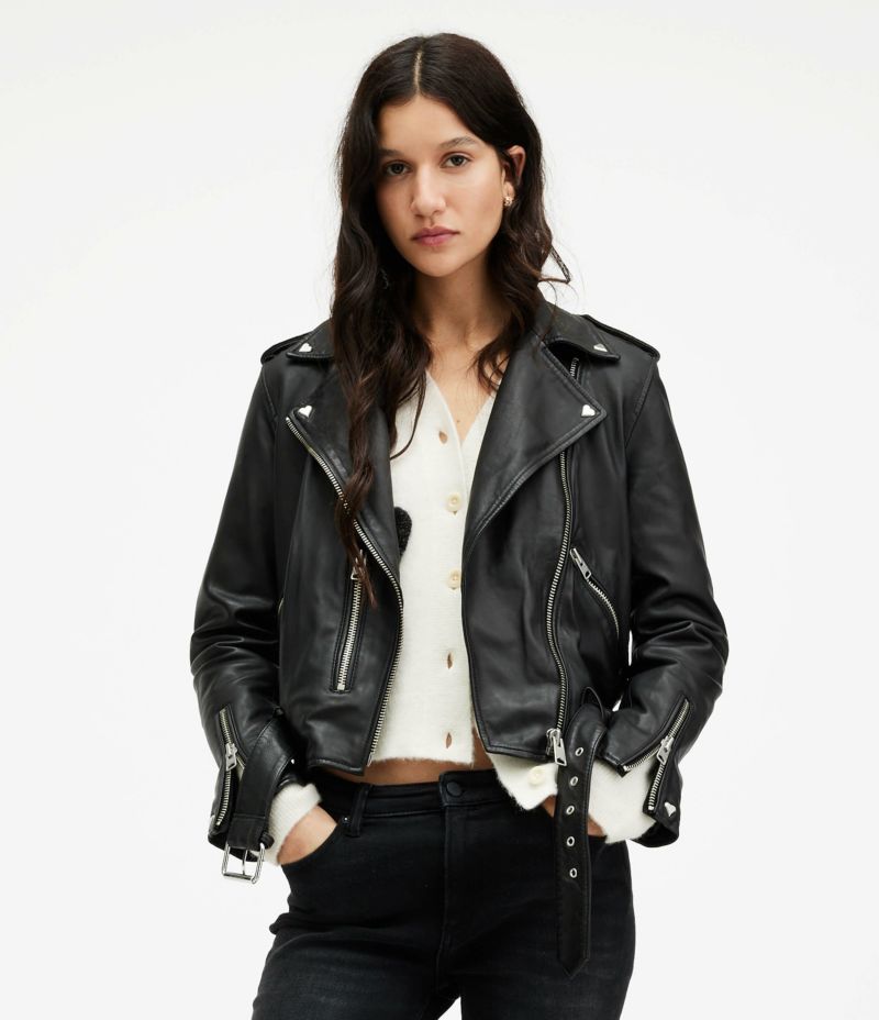 ALLSAINTS レディースクロップバーシティジャケット黒ブラックｘ白レザー素材スエード